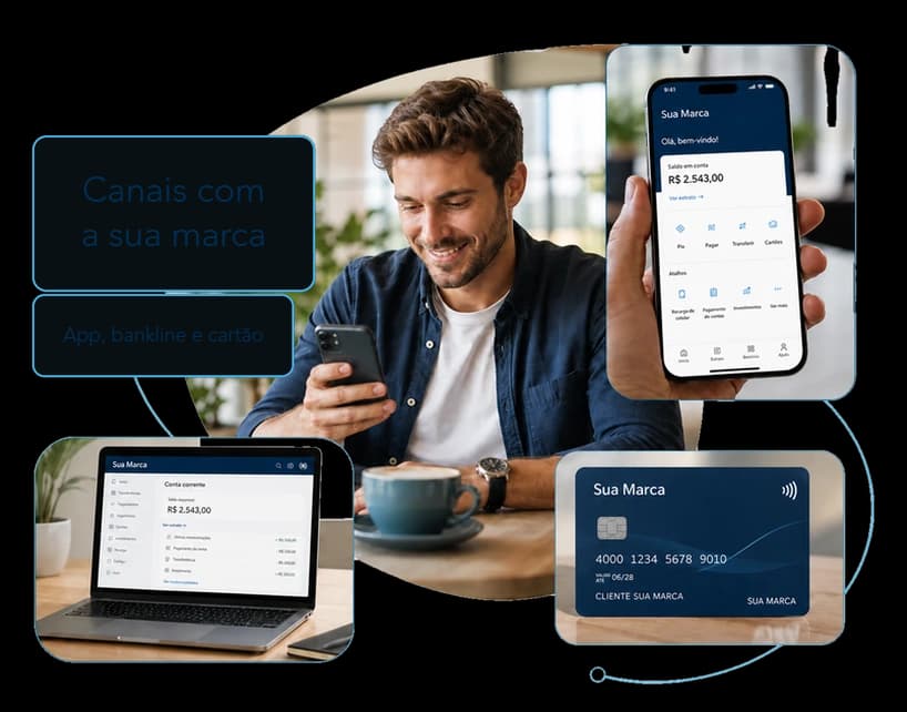 Canais whitelabel Fits: app, internet banking e cartão na sua marca.